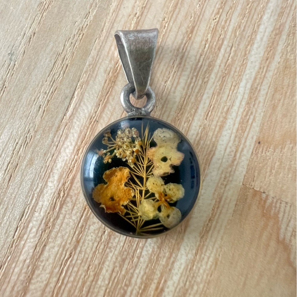 Vintage Mexican 925 Sterling Silver Pendant for Necklace Floral Dried Flowers